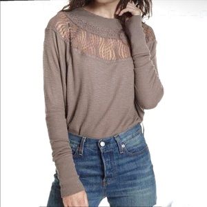 Free People tunic top with lace yoke, waffle weave, light brown colour